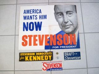 1960 Presidential Election Stevenson Signed Poster, 2 buttons, Bumper 