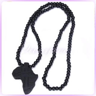 Wooden Africa Map African Continent Pendant Necklace Rosary Bead Chain 