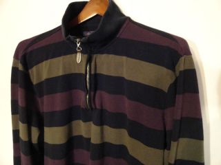 ALAN FLUSSER Mens Long Sleeve Knit Shirt Purple Green Stripe Zip Neck 