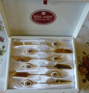    OLD COUNTRY ROSES 6 GOLD tone BUTTER KNIFE knives ROYAL ALBERT w box