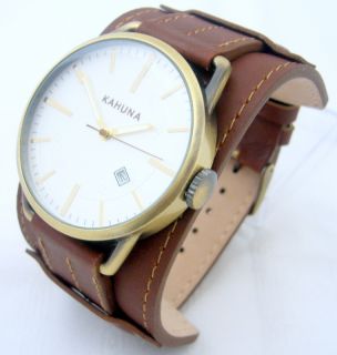 Kahuna Mens Wide Brown Cuff Leather Strap Watch with Date Counter KUC 