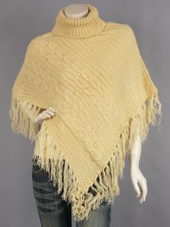 hippie almond asym fringes cable knit turtle neck poncho
