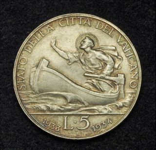 1933 1934 Vatican Pius XI Beautiful Silver 5 Lire Coin Jubilee Issue 