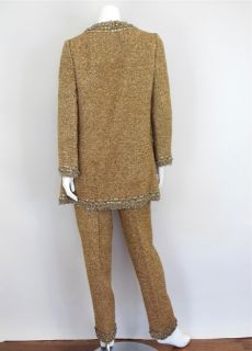 Geoffrey Beene Vintage Brown Tweed Beaded Pant Suit with Jacket 44 191 