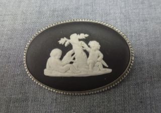   Silver WEDGWOOD black jasperware pin brooch cupid dog angel LARGE oval