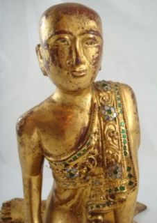 Antique Asian Chinese Gold Finish Carved Wooden Jeweled Antique Buddha 