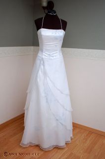 Alfred Angelo 3777 White Organza, w Blue Flowers Wedding Formal Dress 