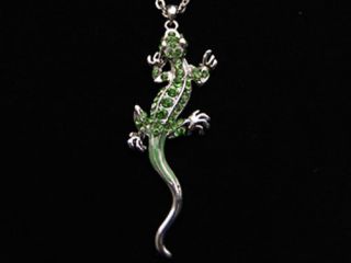   Painted Rhinestone Crystal Long Anole Lizard Pendant Necklace