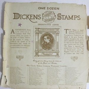 Charles Dickesn Centenary Testimonial Stamps 12 Stamps w Envelope 1912 