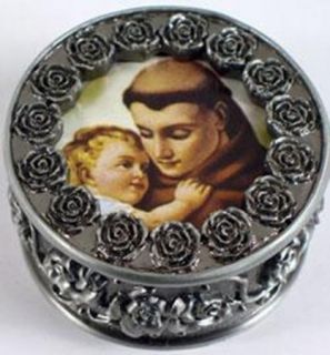 St. Anthony Rosary Box Pewter Roses Black Velvet Trinket Holder