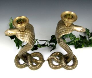 Vintage Cobra Snake Brass Candle Holders Egyptian Revival Figural 