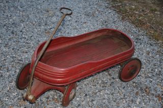Antique Childrens Wagon Old Kids Red Wagon with Bent Handle Metal 
