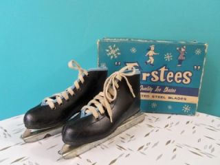 Vintage Little Boy Ice Skates Black Blue Trim Firstees ORG Box 2 