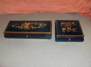   Vintage Hand Crafted Wood Inlay Flowers Blue Jewelry Music Boxes Italy