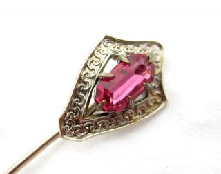 Antique Victorian Gold Fill Signed UHK Pink Ruby Rhinestone Stick Pin 