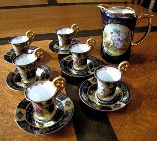 Antique Royal Vienna Porcelain Chocolate Tea Set Moriage Beehive Mark 