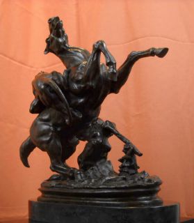 Detailed Antoine Barye Horse Attacked by Lion Bronze Marble Sculpture 