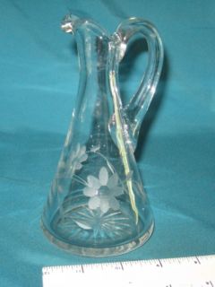 Vintage Etched Glass Oil Vinegar Cruet Pitcher Carafe Decanter 6 Tall 
