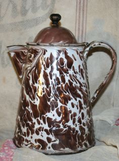 Antique Brown Cream Swirl Mottled Graniteware Enamelware Coffee Pot 