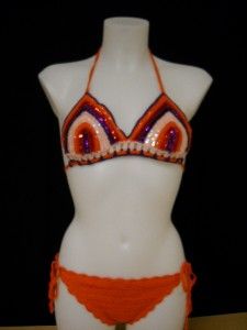 Anna Kosturova Orange Crochet Sequin Bikini Set S