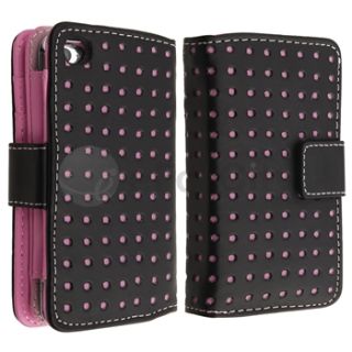   Pink Dot Leather Wallet Case Cover+LCD Film For iPod touch 4 4th G Gen