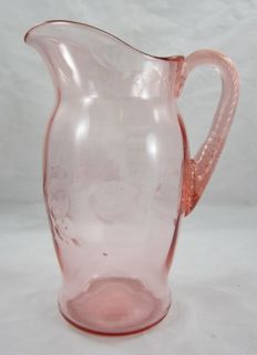 Depression Era Etched Pink Rose Glass Pitcher Flower Paneled 
