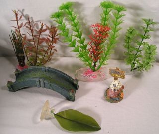 Fish Aquarium Ornaments,Betta Leaf Bed,Plastic Plants,Snail + Bridge 