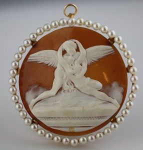 Special 14k Gold Carved Shell Cameo Eros Psyche Pearls