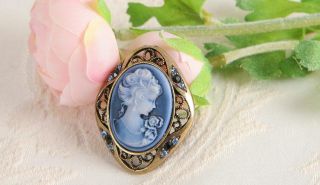 Crystal CAMEO Antique Gold GP Pin Brooch & pendant for necklace Blue 