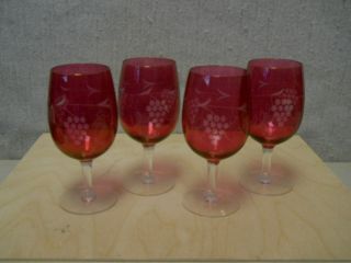 Antique 1940s Etched Wine Glasses 4 Beautiful