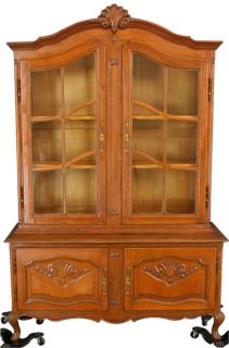 Vintage French Country Louis XV China Cabinet Hutch Oak