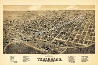 1888 Texarkana Arkansas Historic Panoramic Map 16x24