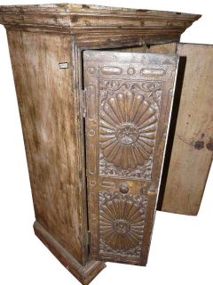   India Jaipur Style Carved Sunburst Teak Armoire Side Cabinet