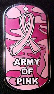 New Breast Cancer Ribbon Dog Tag Army of Pink Camo Pin