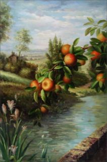   Hand Painted Oil Painting Apple Tree and Lilies by River