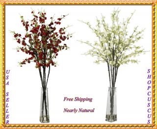 Cherry Blossoms w Vase Silk Flower Arrangement 1193 Red White 38x 25 