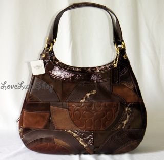 Coach Large Lynn Patchwork Hobo Bag Tote Brown Leather Suede Leopard 