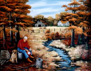    Autumn Fall man chopping wood dog Folk Art by Arie Reinhardt Taylor