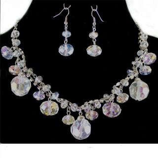   Aurora Borealis Glass Crystal Dangle Necklace Set Costume Jewelry