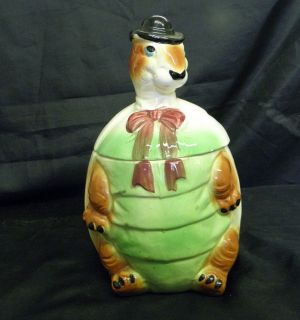 Vintage RARE Turtle Cookie Jar Biscuit Tortoise Hare Ceramic Derby Hat 