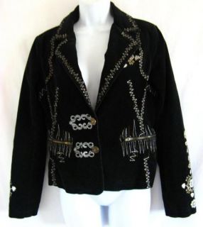 AZIZ Black Corduroy Embroidered Fitted L M Jacket Blazer Cropped