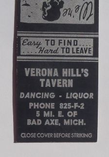 1940s Matchbook Verona Hills Tavern Bad Axe MI Huron Co Michigan