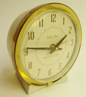 Vintage Mid Century Baby Ben Westclox clock; Working retro brass metal 