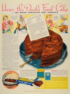 1933 Ad Bakers Chocolate Devils Food Cake Recipe Pie Cocoa Products 