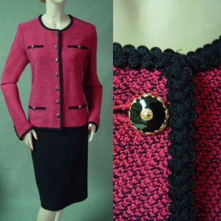 1790 St John Passion Knit Skirt Suit Sz 16 Black Trim 17 Gold Blk 