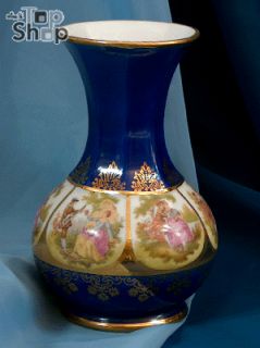 Exklusive Blumenvase Vase Fragonard Motive Gold Blau Karlsbader 