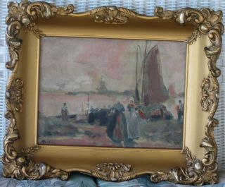 Dutch Oil 1890s Numerous Figures on Shoreline with Boats Signed Great 