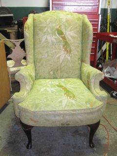 Vintage 1960s green blue wing back chair w wild birds fabric 