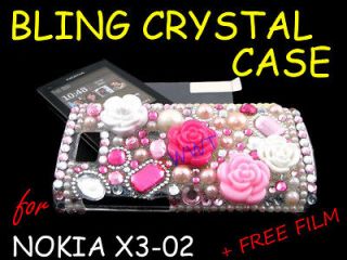 Flower Pink Rose Bling Crystal Cover Hard Case +LCD Film for Nokia X3 