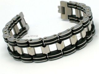 Men Stainless Steel Bracelet Bangle Rubber Black Silver Link w 